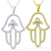 Hamsa Hand Evil Eye Charm CZ Crystal Open Pendant & Chain Necklace in .925 Sterling Silver - EYESP89-SL