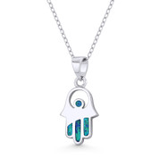 Hamsa Hand Evil Eye Charm Lab-Opal Pendant & Chain Necklace in .925 Sterling Silver w/ Rhodium - EYESP108-SLW