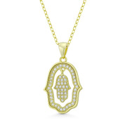 Hamsa Hand Evil Eye Charm CZ Crystal Pendant & Chain Necklace in .925 Sterling Silver w/ 14k Yellow Gold - EYESP110-SLY