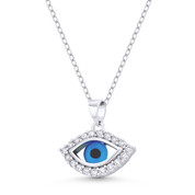 Evil Eye Luck Charm Glass Bead & CZ Crystal Pendant & Chain Necklace in .925 Sterling Silver w/ Rhodium - EYESP111-SLW