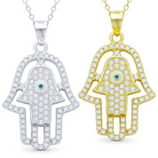 Hamsa Hand Luck Charm CZ Crystal Pave Pendant & Chain Necklace in .925 Sterling Silver - EYESP70-SL