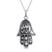 Hamsa Hand Evil Eye Charm Pendant & Chain Necklace in Antique-Style .925 Sterling Silver - EYESP78-SLO