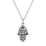 Hamsa Hand Evil Eye Charm Pendant & Chain Necklace in Antique-Style .925 Sterling Silver - EYESP80-SLO