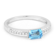 0.79ct Baguette Cut Blue Topaz & Round Diamond Promise Ring in 14k White Gold