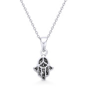 Hamsa Hand Tiny Charm Pendant & Chain Necklace in Antique-Style .925 Sterling Silver - EYESP90-SLO