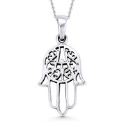 Hamsa Hand Evil Eye Charm Pendant & Chain Necklace in Antique-Style .925 Sterling Silver - EYESP96-SLO