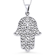 Hamsa Hand Evil Eye Charm Pendant & Chain Necklace in Antique-Style .925 Sterling Silver - EYESP97-SLO