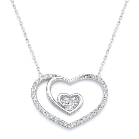 Collier Pendentif Cœur Avec Pompon – Argenté, Strass CZ – Chaîne 19+2 Pouces