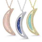Waning Crescent Moon Charm Jade, Pearl, or Lapis & CZ Pendant & Necklace in .925 Sterling Silver - SGN-FN063-CZ-SL
