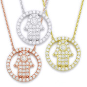 Hamsa Hand & Circle Pendant w/ CZ Crystals & Chain Necklace in .925 Sterling Silver - HHN-003-SL