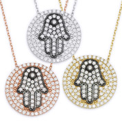 Hamsa Hand & Circle Pendant w/ CZ Crystals & Chain Necklace in .925 Sterling Silver - HHN-004-SL