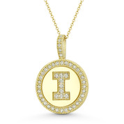 Cubic Zirconia Crystal Pave Initial Letter "I" & Halo Round Disc Pendant in Solid 14k Yellow Gold - BD-IP3-I-DiaCZ-14Y