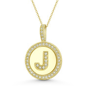 Cubic Zirconia Crystal Pave Initial Letter "J" & Halo Round Disc Pendant in Solid 14k Yellow Gold - BD-IP3-J-DiaCZ-14Y