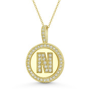 Cubic Zirconia Crystal Pave Initial Letter "N" & Halo Round Disc Pendant in Solid 14k Yellow Gold - BD-IP3-N-DiaCZ-14Y