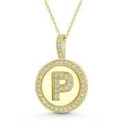 Cubic Zirconia Crystal Pave Initial Letter "P" & Halo Round Disc Pendant in Solid 14k Yellow Gold - BD-IP3-P-DiaCZ-14Y