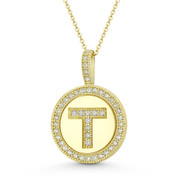 Cubic Zirconia Crystal Pave Initial Letter "T" & Halo Round Disc Pendant in Solid 14k Yellow Gold - BD-IP3-T-DiaCZ-14Y