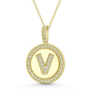 Cubic Zirconia Crystal Pave Initial Letter "V" & Halo Round Disc Pendant in Solid 14k Yellow Gold - BD-IP3-V-DiaCZ-14Y