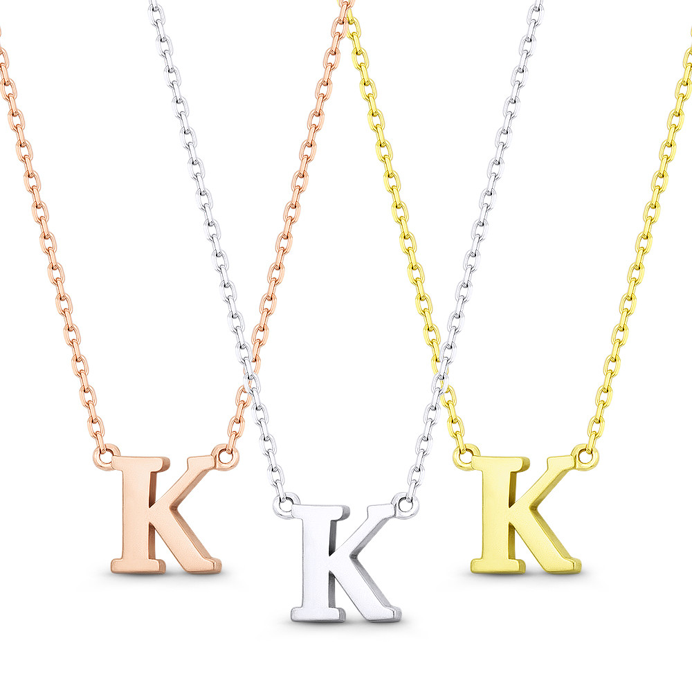 Initial Letter "K" 14k Rose White Yellow Gold Pendant & Chain Necklace