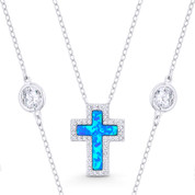 Pacific-Blue Lab Opal & CZ Crystal Cross w/ Cable & Bezel Link Chain Necklace in .925 Sterling Silver - GN-CR004-OpBlue2CZ-SL