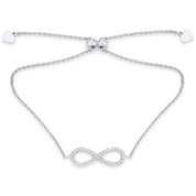 Infinity Figure 8 w/ CZ Crystal, Cable Chain, & Heart Charm Bolo Bracelet in .925 Sterling Silver - GN-FB001-SL