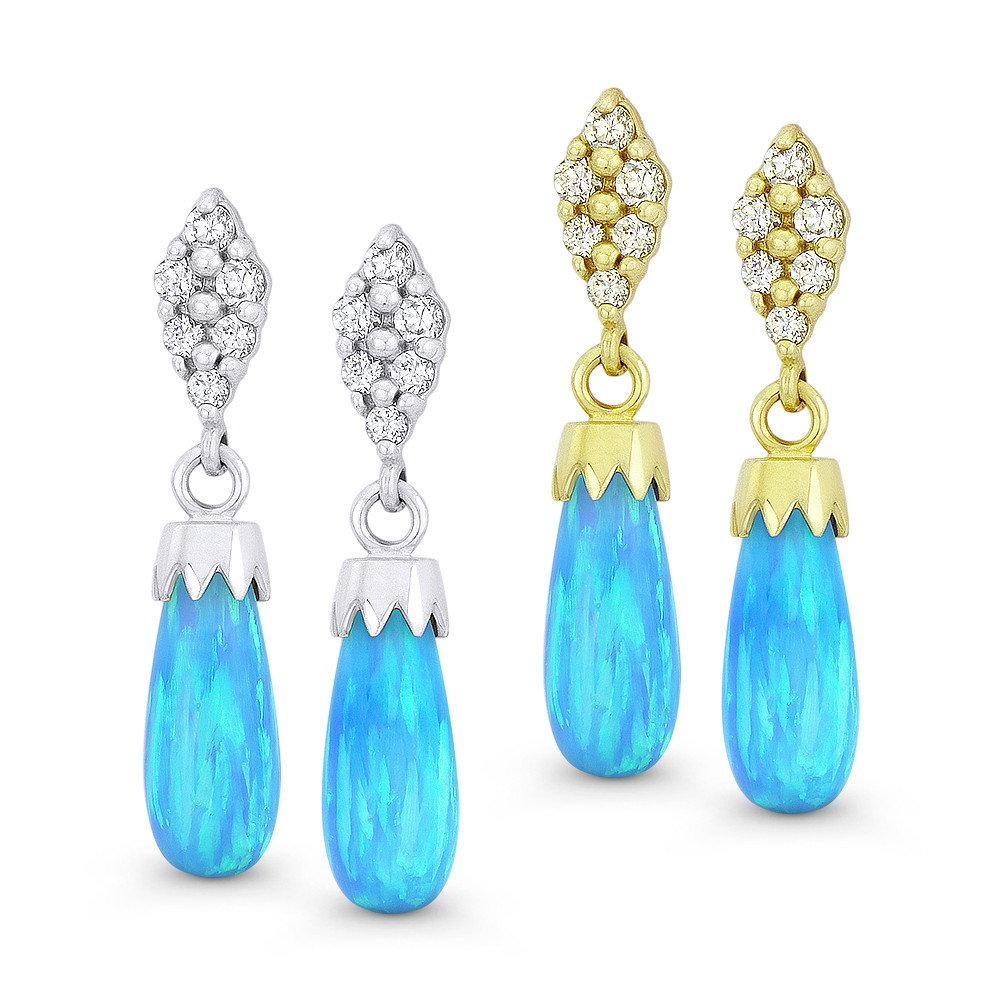 Fiery Peacock Blue Synthetic Opal Ball Screwback Stud Earrings in 14k White Gold 