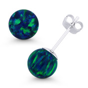 Fiery Peacock Blue Synthetic Opal Ball Pushback Stud Earrings in 14k White Gold  - ES018-OP_Blue3-PB-14W