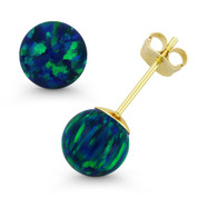 Fiery Peacock Blue Synthetic Opal Ball Pushback Stud Earrings in 14k Yellow Gold - ES018-OP_Blue3-PB-14Y