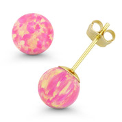 Fiery Royal-Pink Synthetic Opal Ball Pushback Stud Earrings in 14k Yellow Gold -