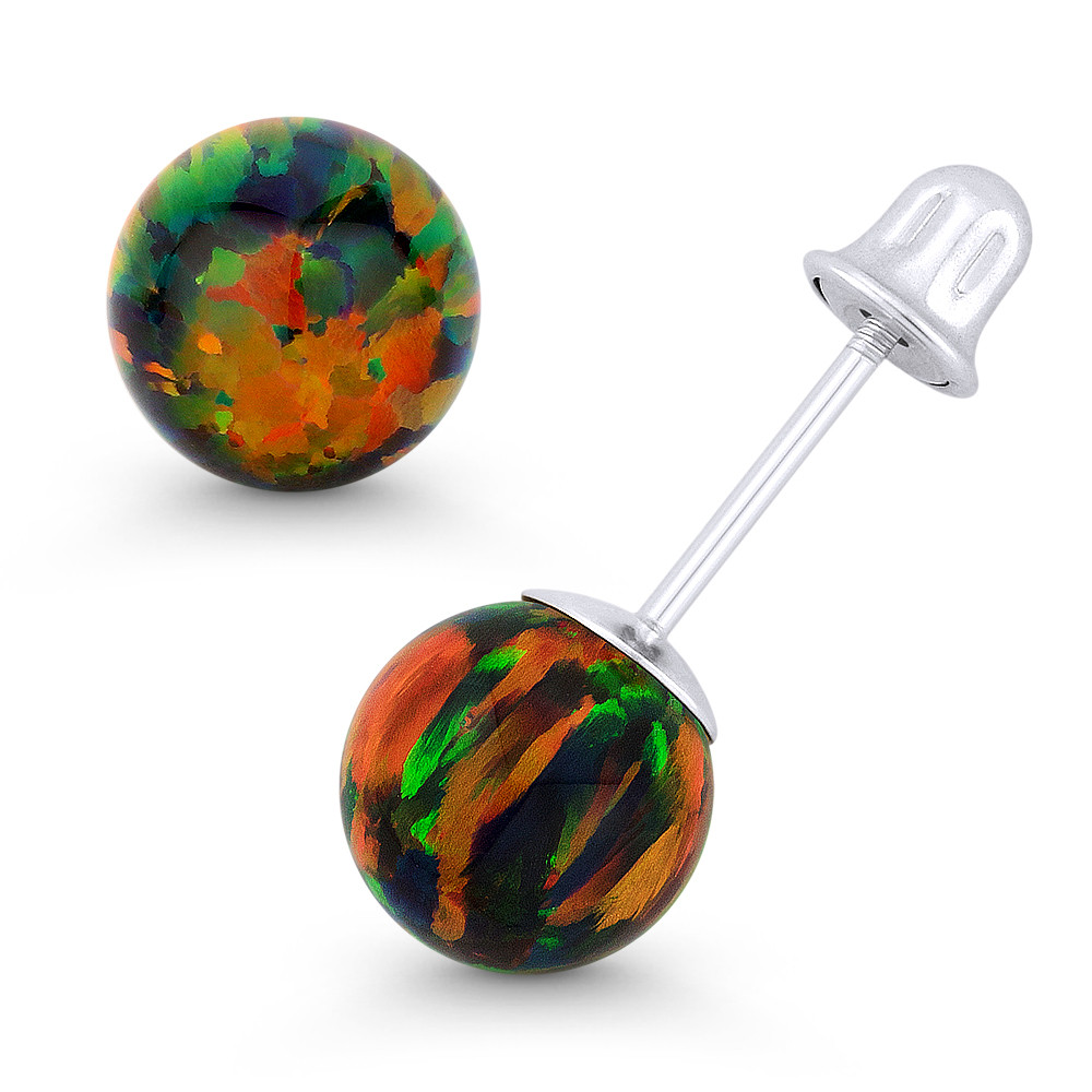 Fiery White Synthetic Opal Round Ball Screwback Stud Earrings in 14k White Gold