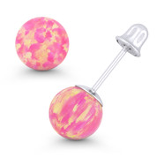 Fiery Royal-Pink Synthetic Opal Ball Screwback Stud Earrings in 14k White Gold - ES018-OP_Pink2-SB-14W