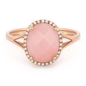 2.29ct Checkerboard Cut Pink Opal & Round Diamond Oval Halo Right-Hand Ring in 14k Rose Gold
