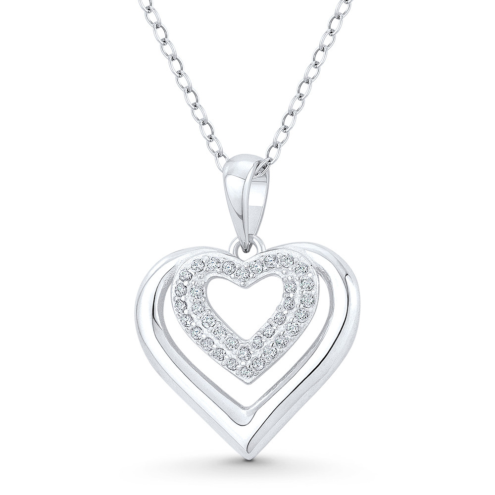 925 Sterling Silver White Crystal CZ Love Heart Pendant Necklace 