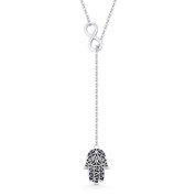 Hamsa Hand Evil Eye Charm Pendant & Chain Lariat-Style Necklace in .925 Sterling Silver - EYESN78-SL