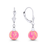 Fiery Royal Pink Synthetic Opal Leverback-Post Dangling Ball Earrings in 14k White Gold - BD-DE006-OP_Pink2-14W