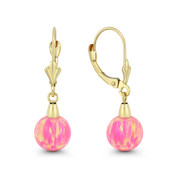 Fiery Royal Pink Synthetic Opal Leverback-Post Dangling Ball Earrings in 14k Yellow Gold - BD-DE006-OP_Pink2-14Y