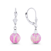 Fiery Angel-Skin Pink Synthetic Opal Leverback-Post Dangling Ball Earrings in 14k White Gold - BD-DE006-OP_Pink1-14W