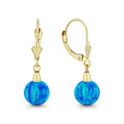 Fiery Pacific Blue Synthetic Opal Leverback-Post Dangling Ball Earrings in 14k Yellow Gold - BD-DE006-OP_Blue2-14Y