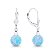 Fiery Azure Blue Synthetic Opal Leverback-Post Dangling Ball Earrings in 14k White Gold - BD-DE006-OP_Blue1-14W
