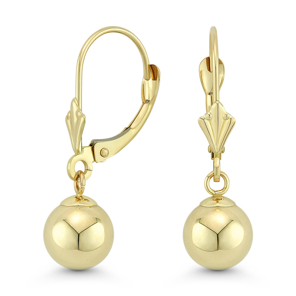 5mm, 6mm, 7mm, 8mm Polished Hollow Ball Leverback Drop Earrings in 14k