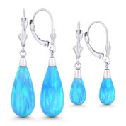 Fiery Azure Blue Synthetic Opal Leverback-Post Dangling Tear-Drop Earrings in 14k White Gold - BD-DE005-OP_Blue1-14W