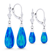Fiery Pacific Blue Synthetic Opal Leverback-Post Dangling Tear-Drop Earrings in 14k White Gold - BD-DE005-OP_Blue2-14W