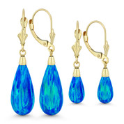 Fiery Pacific Blue Synthetic Opal Leverback-Post Dangling Tear-Drop Earrings in 14k Yellow Gold - BD-DE005-OP_Blue2-14Y