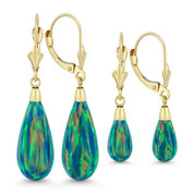 Fiery Pacific Blue Synthetic Opal Leverback-Post Dangling Tear-Drop Earrings in 14k Yellow Gold - BD-DE005-OP_Blue3-14Y