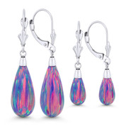Fiery Lavender Synthetic Opal Leverback-Post Dangling Tear-Drop Earrings in 14k White Gold - BD-DE005-OP_Lavender-14W
