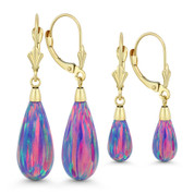 Fiery Lavender Synthetic Opal Leverback-Post Dangling Tear-Drop Earrings in 14k Yellow Gold - BD-DE005-OP_Lavender-14Y