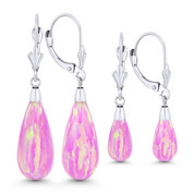 Fiery Angel-Skin Pink Synthetic Opal Leverback-Post Dangling Tear-Drop Earrings in 14k White Gold - BD-DE005-OP_Pink1-14W