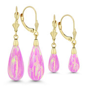 Fiery Angel-Skin Pink Synthetic Opal Leverback-Post Dangling Tear-Drop Earrings in 14k Yellow Gold - BD-DE005-OP_Pink1-14Y
