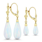 Fiery White Synthetic Opal Leverback-Post Dangling Tear-Drop Earrings in 14k Yellow Gold - BD-DE005-OP_White1-14Y