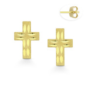 Matte & Faceted 11.5x7.5mm Christian Cross Stud Earrings with Push-Back Posts in 14k Yellow Gold - BD-ES047-14Y