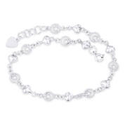 6x7mm Puffed Heart & Double Circle Link Chain .925 Sterling Silver Charm Anklet - CLA-CHARM51-SLP